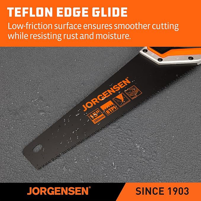 JORGENSEN 15??Hand Saw, Black Coated Coarse Handsaw 8TPI for Wood Cutting, Ergonomic Non-Slip