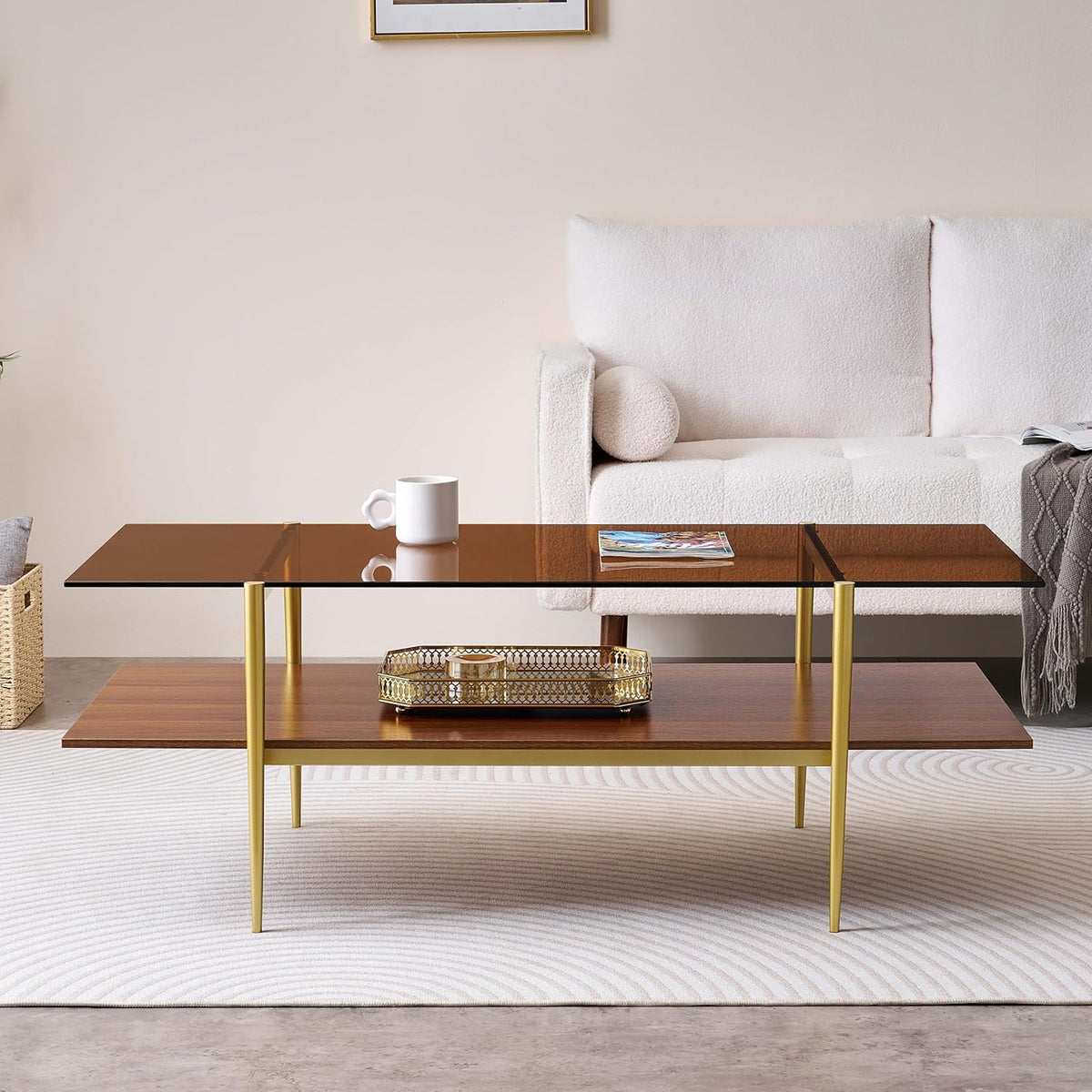 Extra Large Rectangle Glass Coffee Table, Mid-Century Modern Design for Living Room, L47 x W24 x