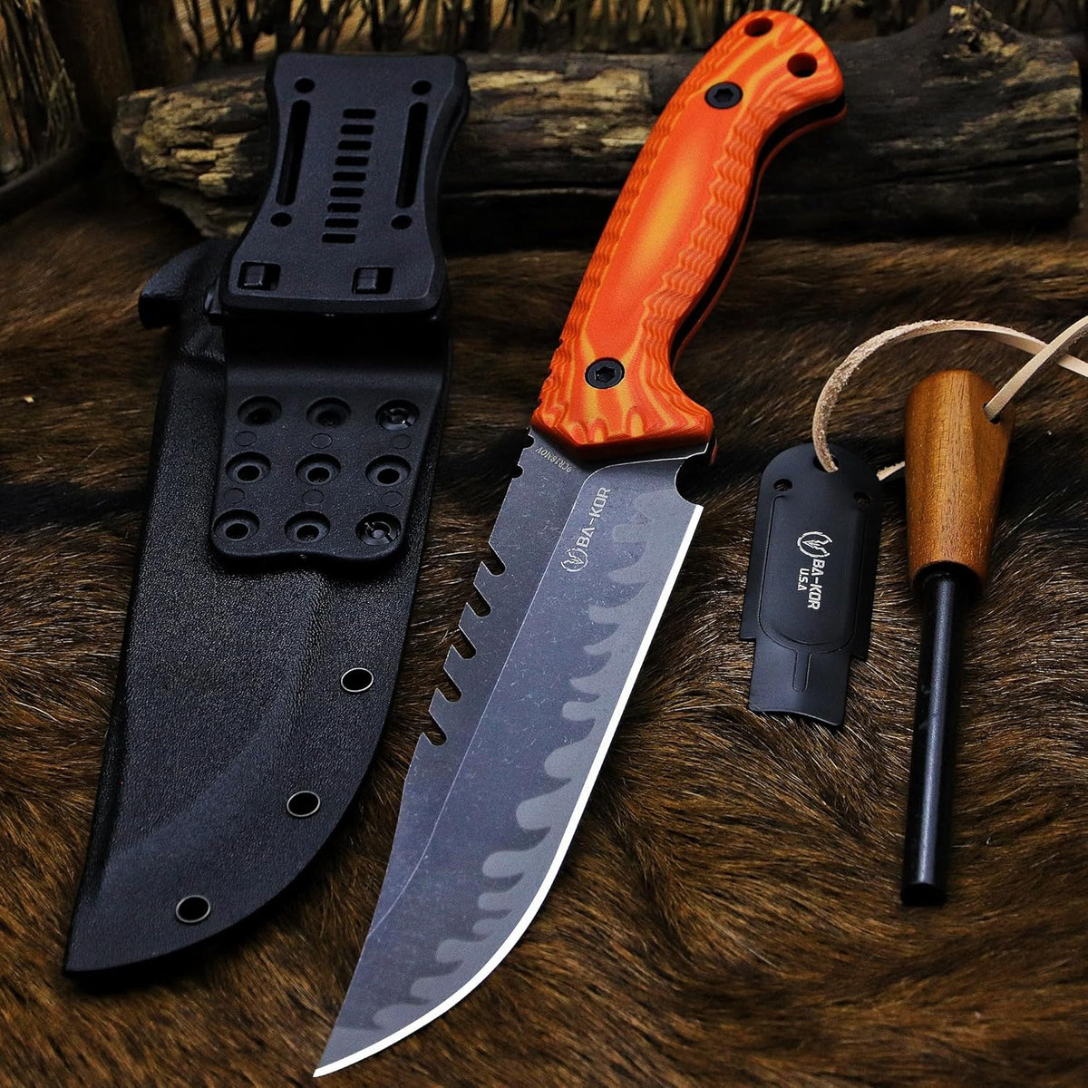 BA-KOR 12.4in Full Tang Fixed Blade Hunting Knife – 6mm 9CR18MoV Steel, G10 Handle, Stonewashed