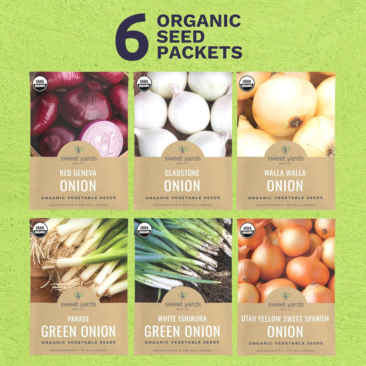 Organic Onion Seeds Variety Pack - 6 Individual Packs - 2025 Season - Walla Walla, Gladstone, Red