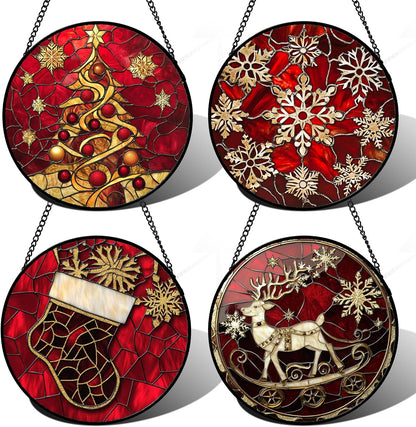 Stained Glass Window Hanging 4 Pcs Set Red Christmas Elk Snowflakes 7.8" - Deer Suncatcher Door