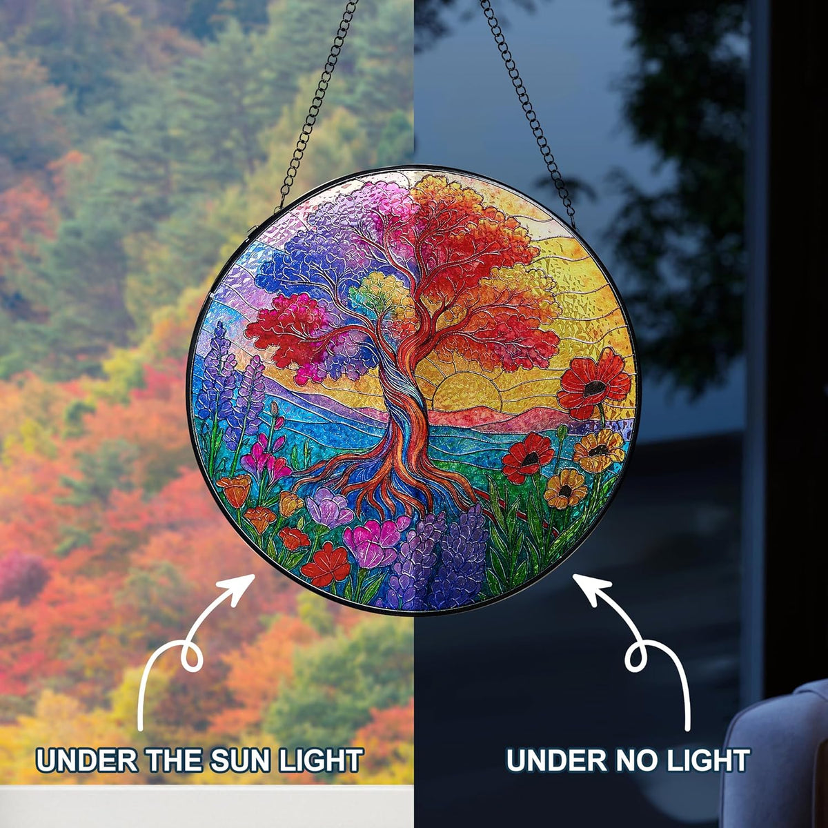 Stained Glass Window Hanging, Tree of Life Sun Catchers Stained Glass Panels for Indoor Windows