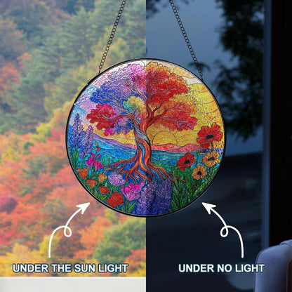 Stained Glass Window Hanging, Tree of Life Sun Catchers Stained Glass Panels for Indoor Windows