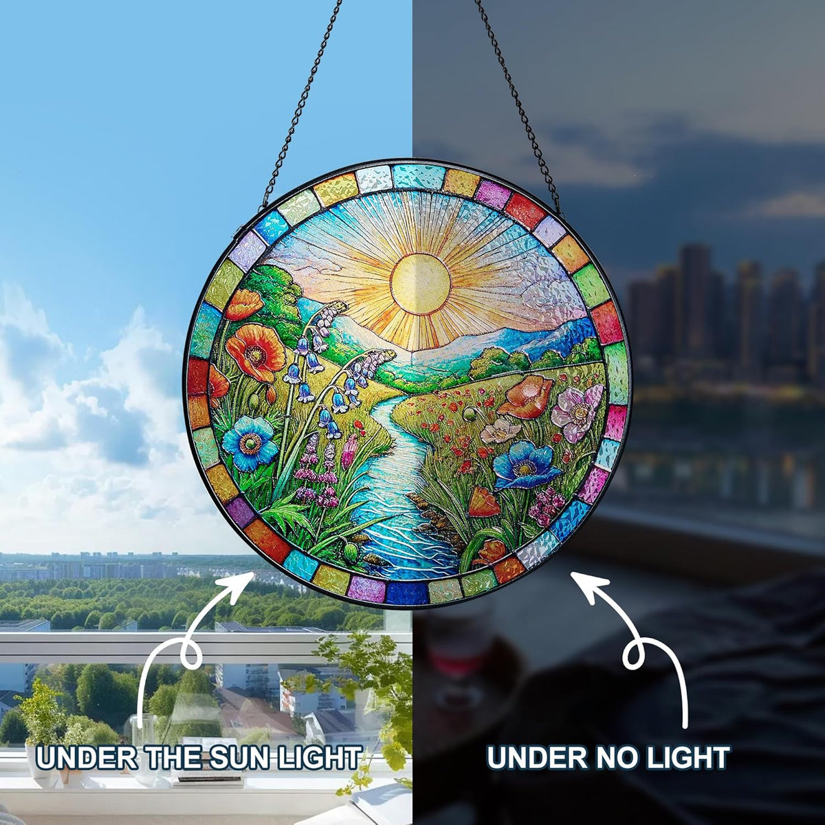 Stained Glass Window Hanging, Scenery Sun Catchers Stained Glass Panels for Indoor Windows Wall Art