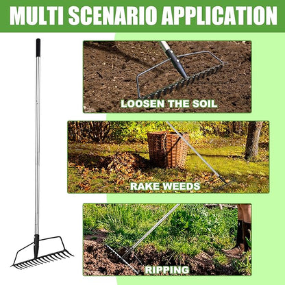 Garden Rake, Metal Sturdy and Heavy Duty Metal Rake, 16-Tine Bow Rake with Adjustable Stainless