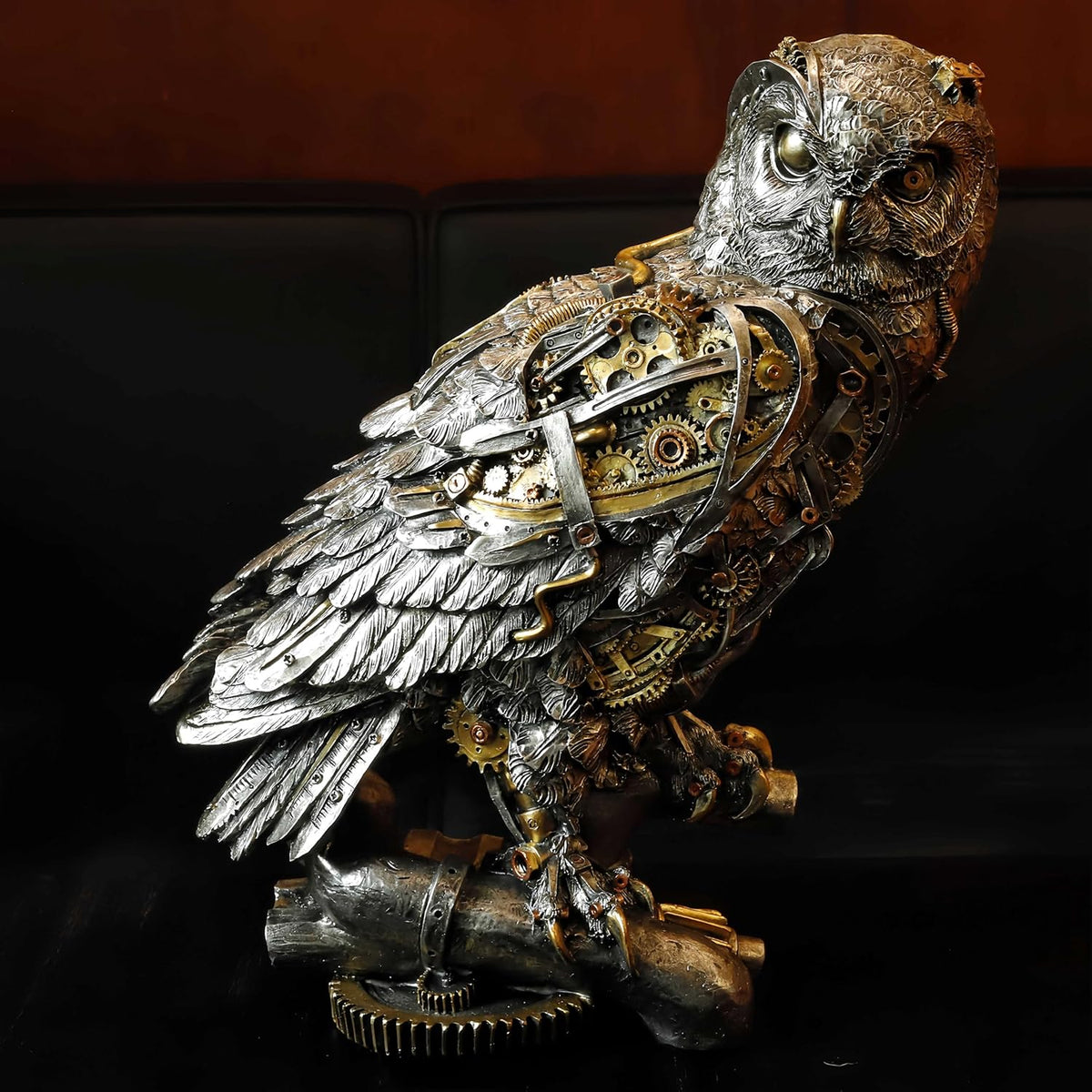 Steampunk Owl Statue 11.6'' H Metallic Silver and Gold Gothic Collectible Animal Figurine Wisdom