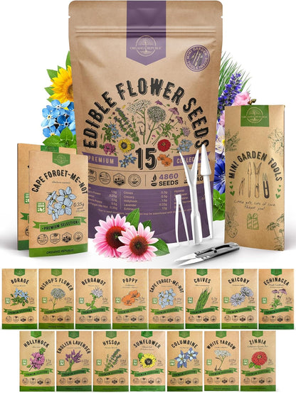 Organo Republic 15 Edible Flower Seeds Variety Pack- Indoor/Outdoor. 4800+ Non-GMO Heirloom Flower: