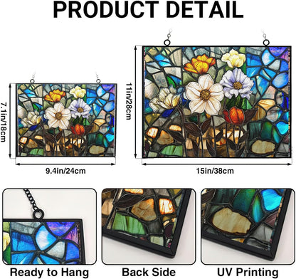Customized Rectangle Lotus in The Lake Stained Glass Window Hanging, Stained Glass Suncatcher for