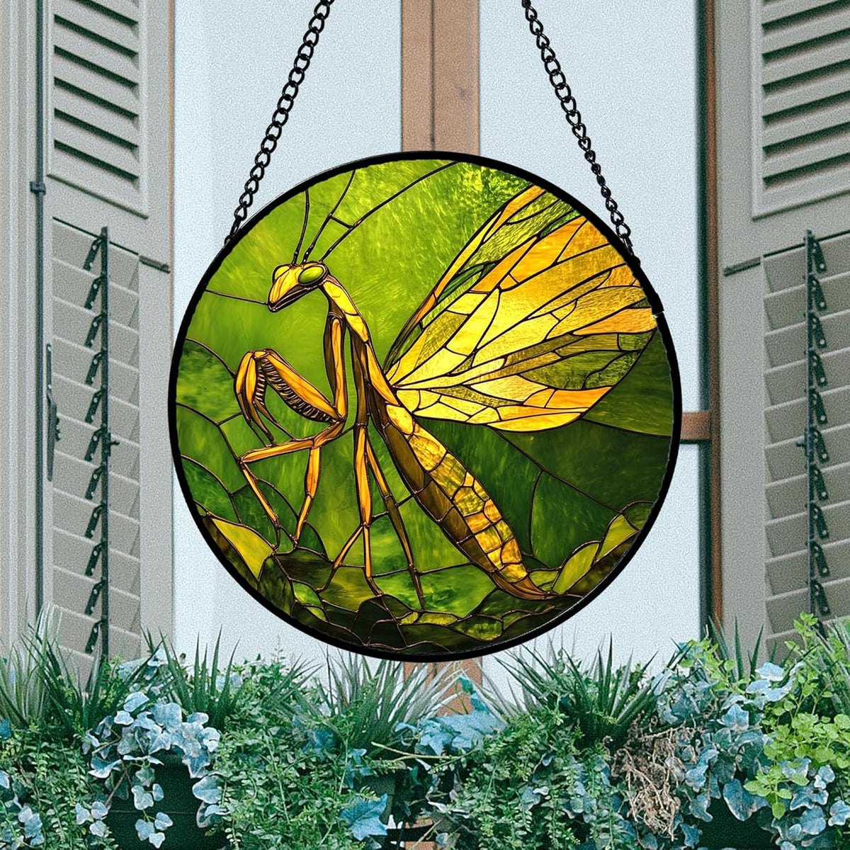 Stained Glass Window Hanging 4 Pcs Set Green Plants Yellow Insect Theme 6.3" - Suncatcher Door