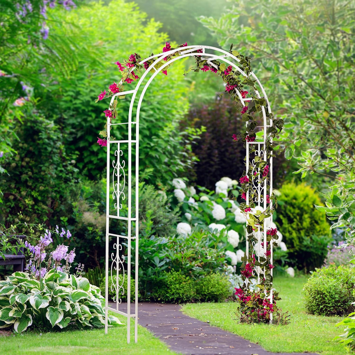 Evergreen Plow & Hearth Montebello White Garden Arbor - 7 Feet Tall | Slim Metal Arch with Iron