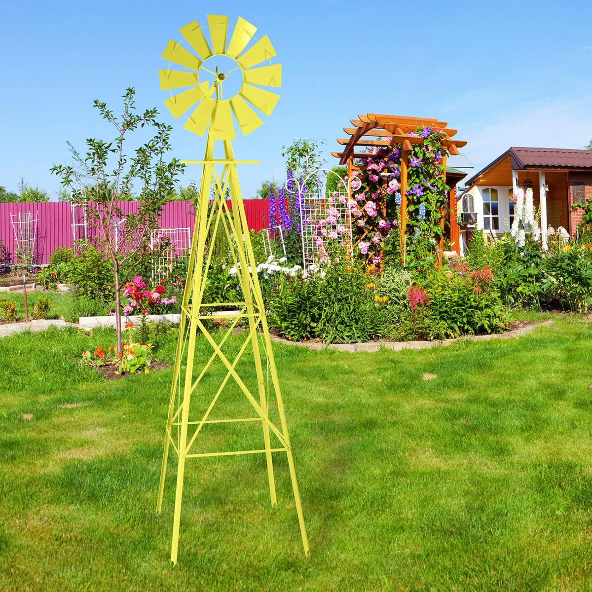Garden Windmill for Yard Decor, 8 ft Tall Metal Windmill with Spinning Blades, Weather-Resistant