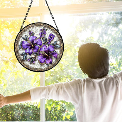 Stained Glass Window Hanging, Purple Flowers Romantic Suncatcher for Doors Home Sun Catchers