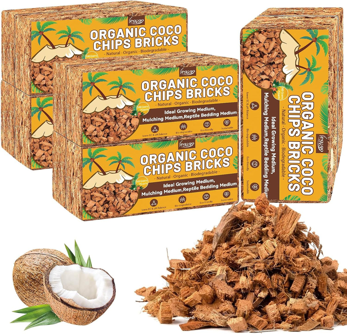 Legigo 10 Pack Coco Husk Chips- 11 LB 100% Organic Coconut Coir Chips Brick Potting Soil Mix with