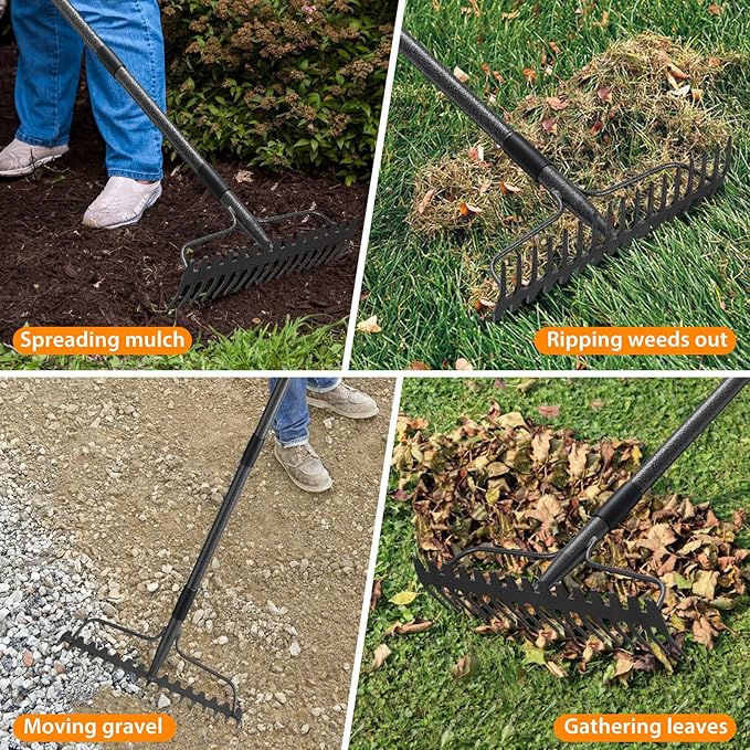 Garden Leaf Rake with 77 Inch Handle, Heavy Duty 17 Inch Wide Metal Garden Lawn Rake for Loosening