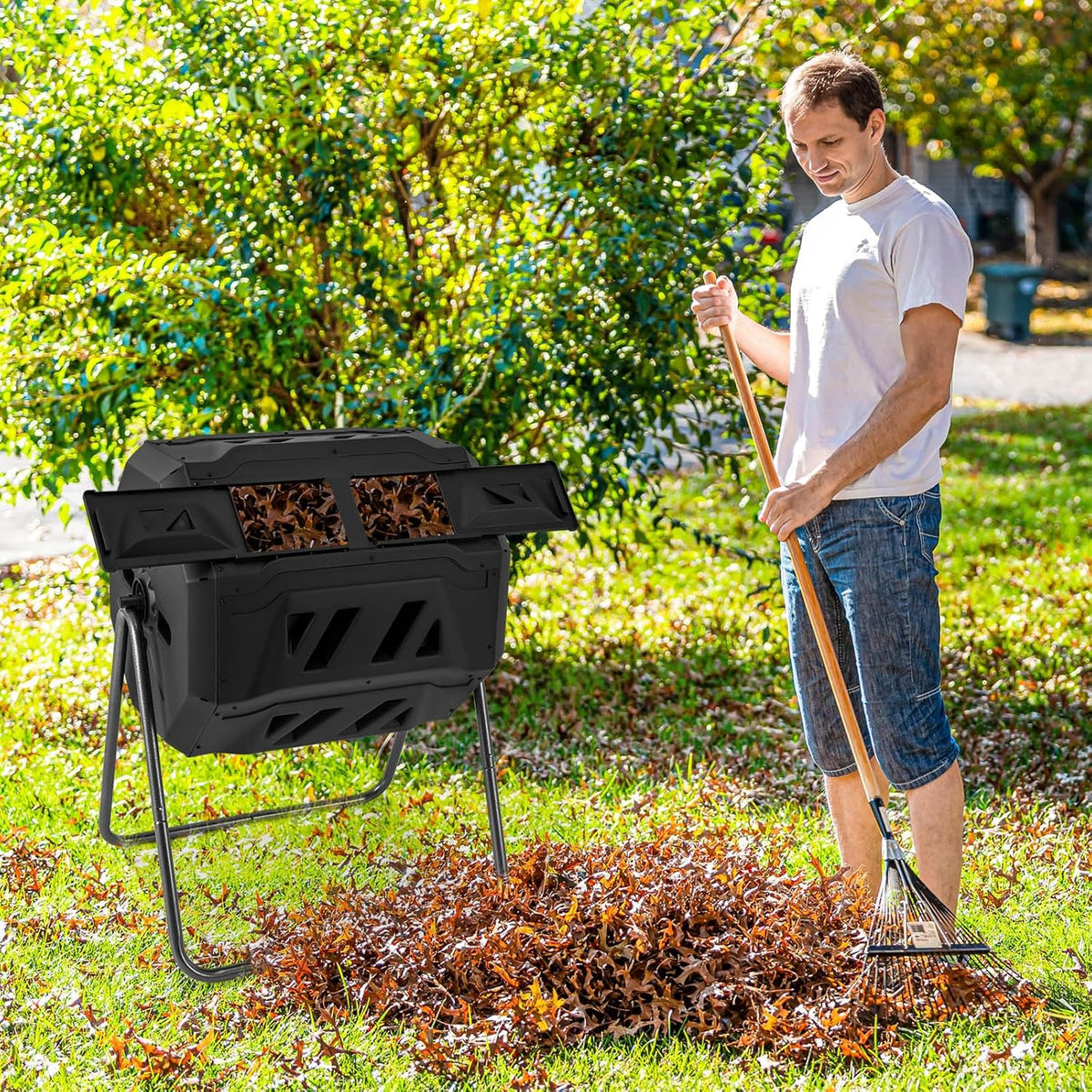 Goplus Compost Bin, Outdoor 42-Gal Dual Chamber Composting Tumbler w/2 Sliding Doors, Heavy-Duty