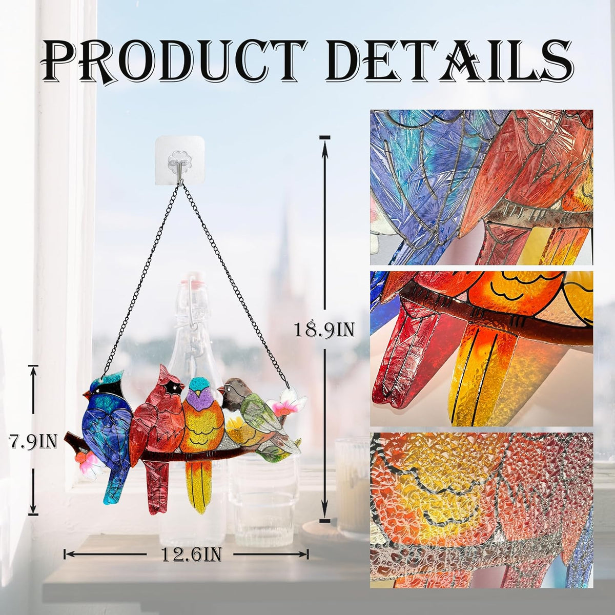 Stained Glass Window Hanging - Large Suncatcher Stained Glass Birds on Branch, Sun Catchers for