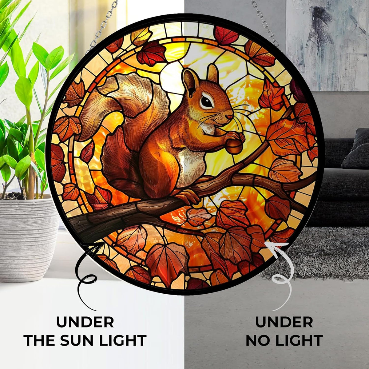 Squirrel Stained Glass Window Hanging 12” Round Handicraft Blue Flower Glass Panel Farmhouse Style