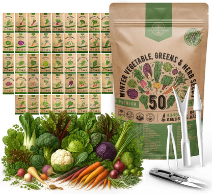 50 Winter Vegetable Garden Seeds Variety Pack - 43,450+ Non-GMO Heirloom Seeds for Outdoors &