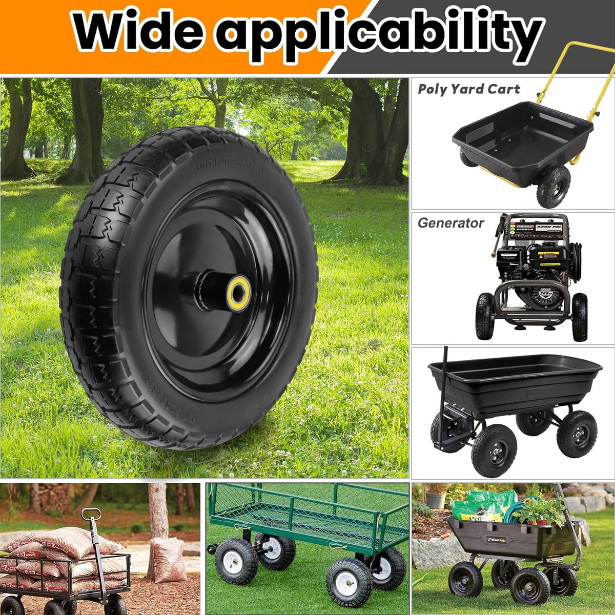 13" Flat Free Wheels Replacement for GOR Garden Cart Tires, 4.00-6 Solid Tires with 5/8"Bearings