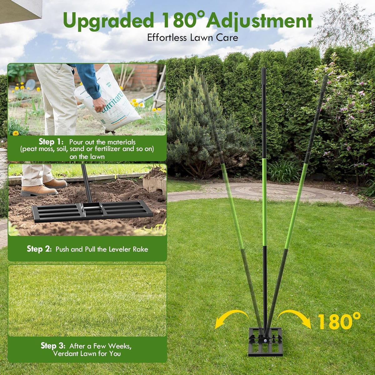 Seeutek Lawn Leveling Rake, 35” x 10” Lawn Leveler with 6.5FT Stainless Steel Handle Rakes for