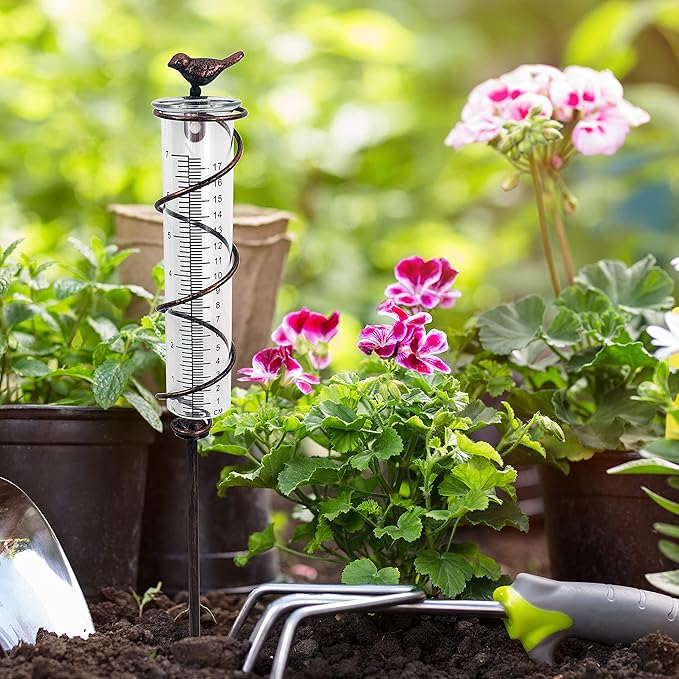 JOYBee 7inch Capacity Glass Spiral Rain Gauge,Cast Iron Bird Hanging Rain Gauge,Garden Rain Water