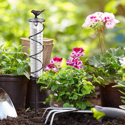 JOYBee 7inch Capacity Glass Spiral Rain Gauge,Cast Iron Bird Hanging Rain Gauge,Garden Rain Water