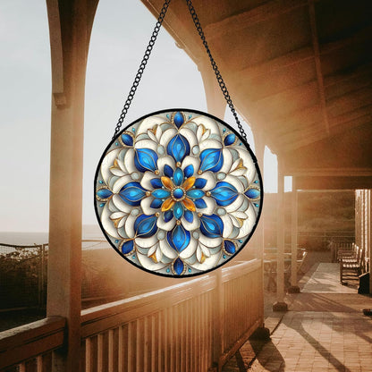 Stained Glass Window Hanging - Blue and White Abstract Flowers Suncatcher for Door Terrace Garden
