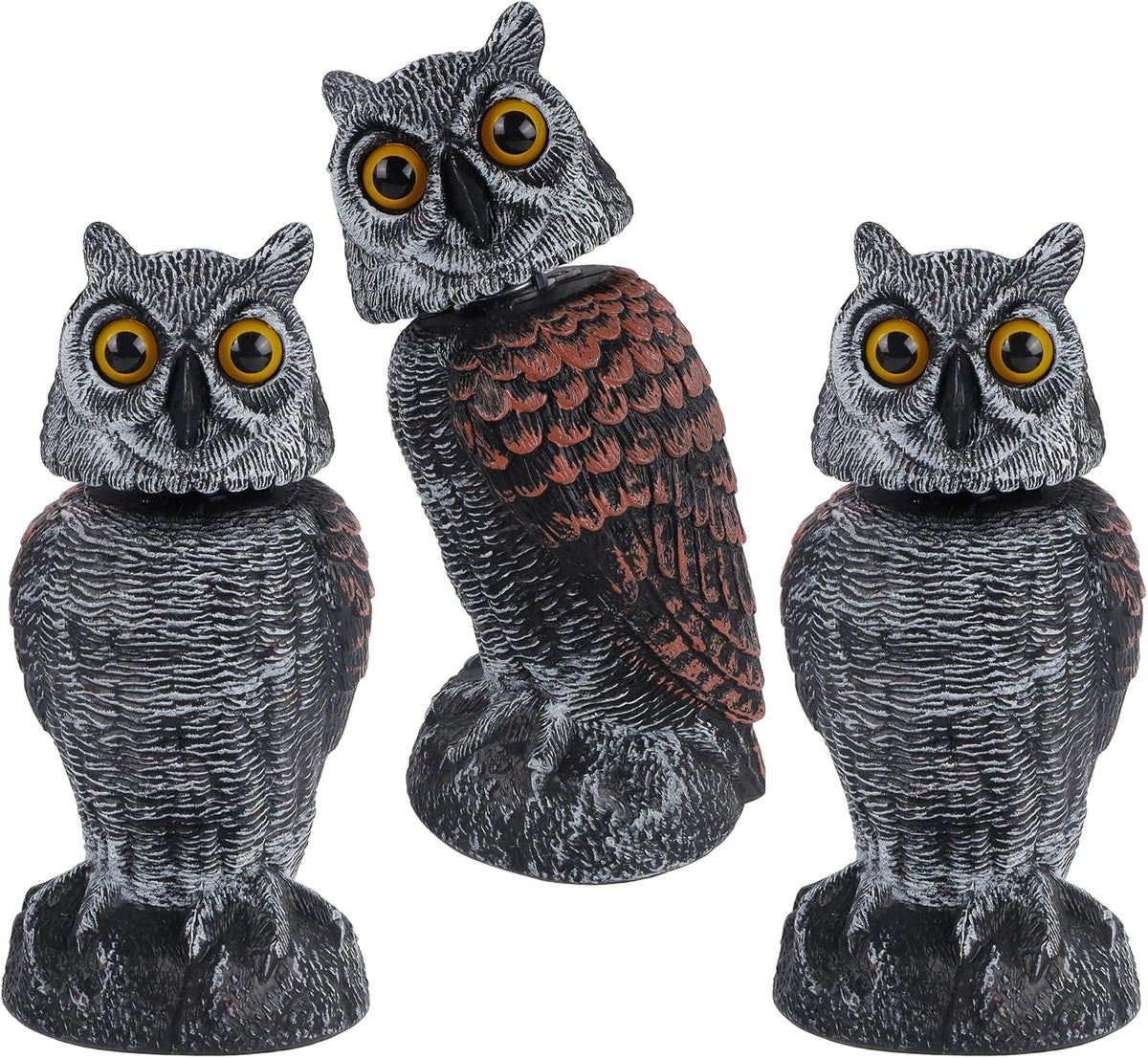 Hausse 3 Pack Bird Scarecrow Fake Owl Decoy Sculpture, Rotating Head Plastic Owl Bird Deterrents
