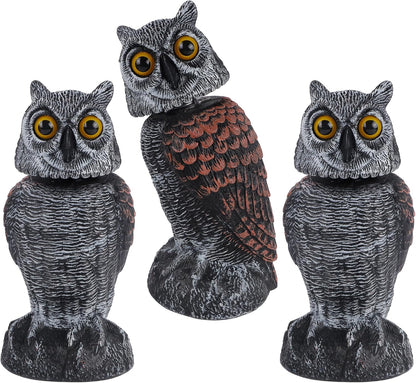 Hausse 3 Pack Bird Scarecrow Fake Owl Decoy Sculpture, Rotating Head Plastic Owl Bird Deterrents