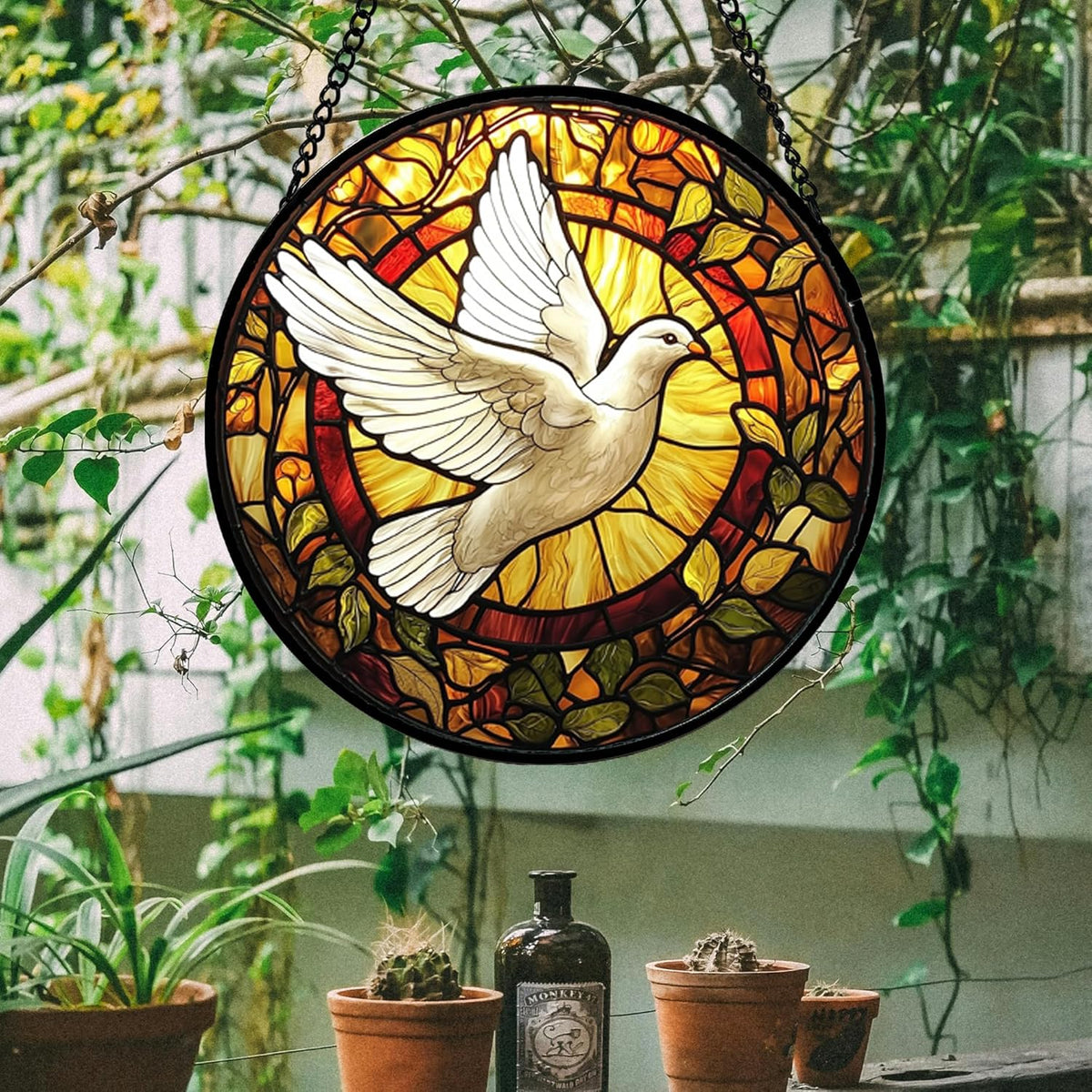 Stained Glass Window Hanging, Flying White Dove Sun Catchers Diamond Glass Panel Hangings Cute