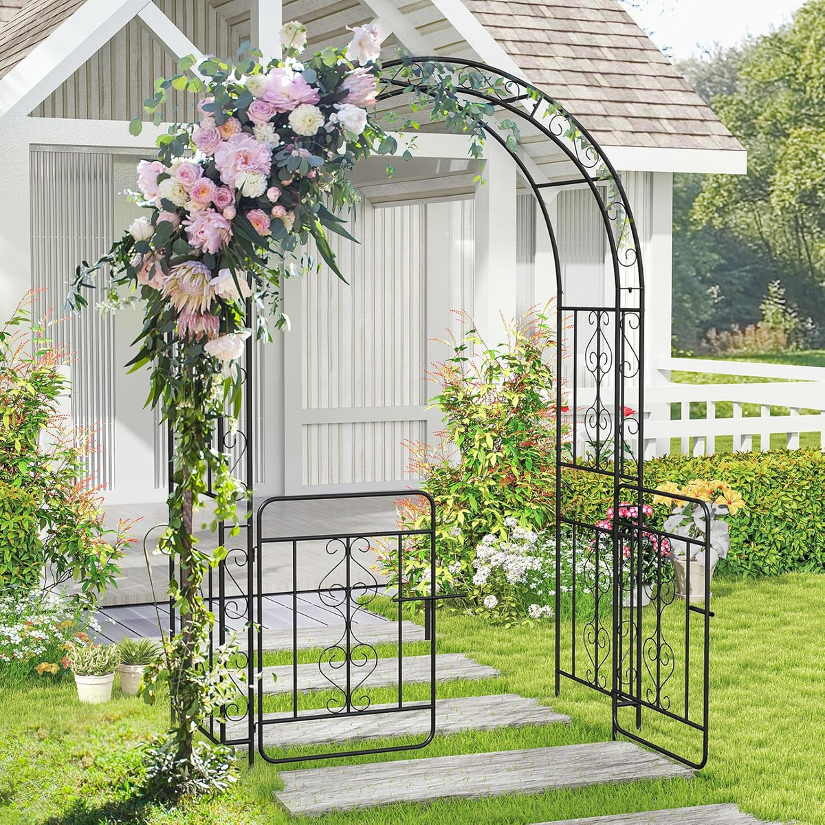 Moccha Garden Arch, 84" Arbor Trellis with Lockable Gate for Climbing Plants, Roses, Vines, Outdoor