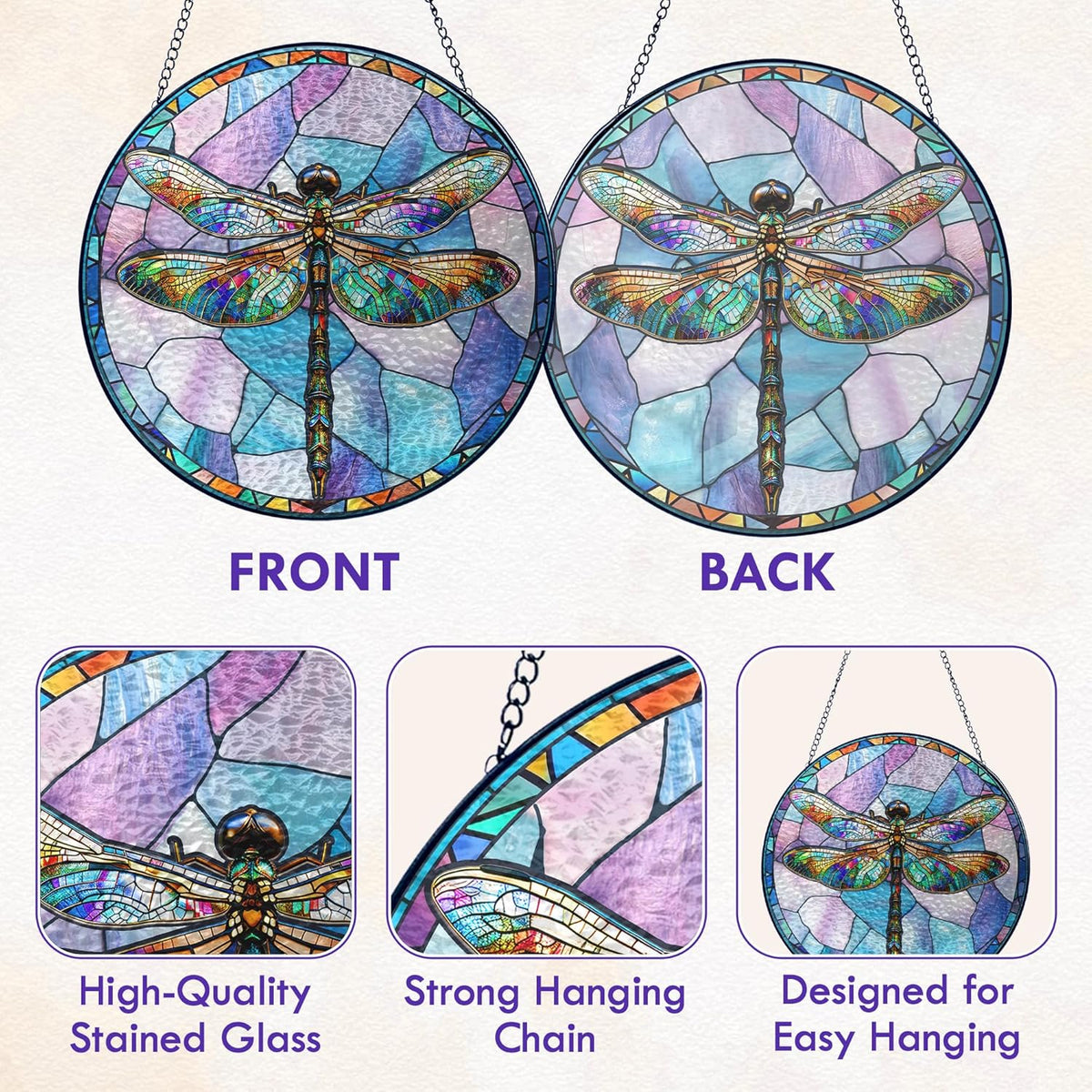 FLAGWIX Christmas Dragonfly Gifts for Women Men - Stained Glass Window Hanging 10 in - Dragonfly