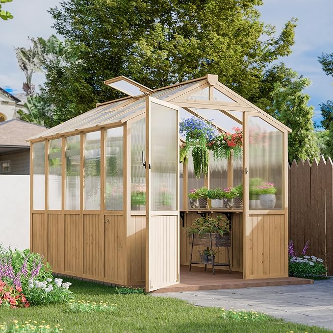 Restland 6x8 FT Wood Greenhouse with Shelves Reinforced Frame Walk-in Greenhouses with Adjustable