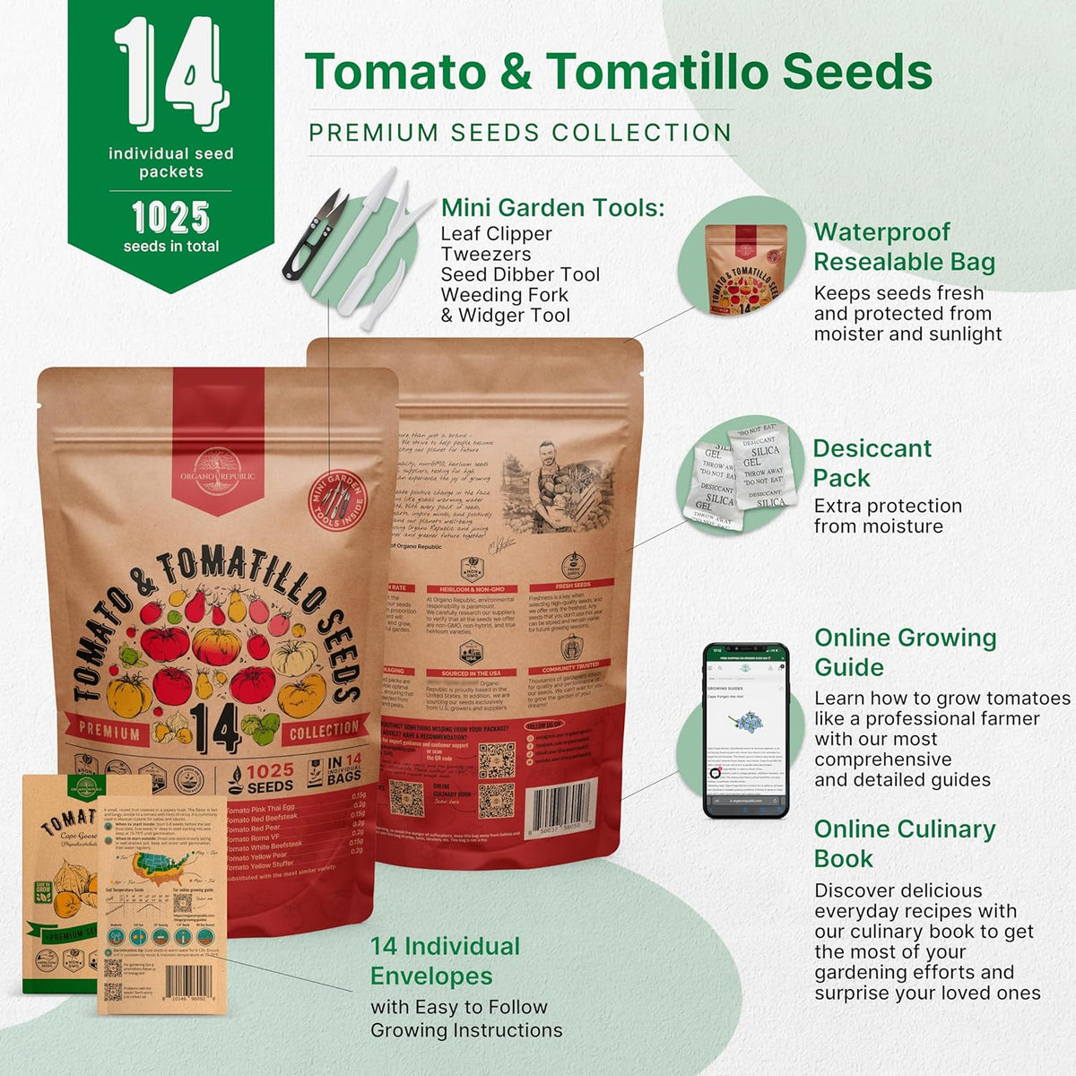 Organo Republic 14 Rare Tomato & Tomatillo Garden Seeds Variety Pack - 1,020+ Non-GMO Heirloom