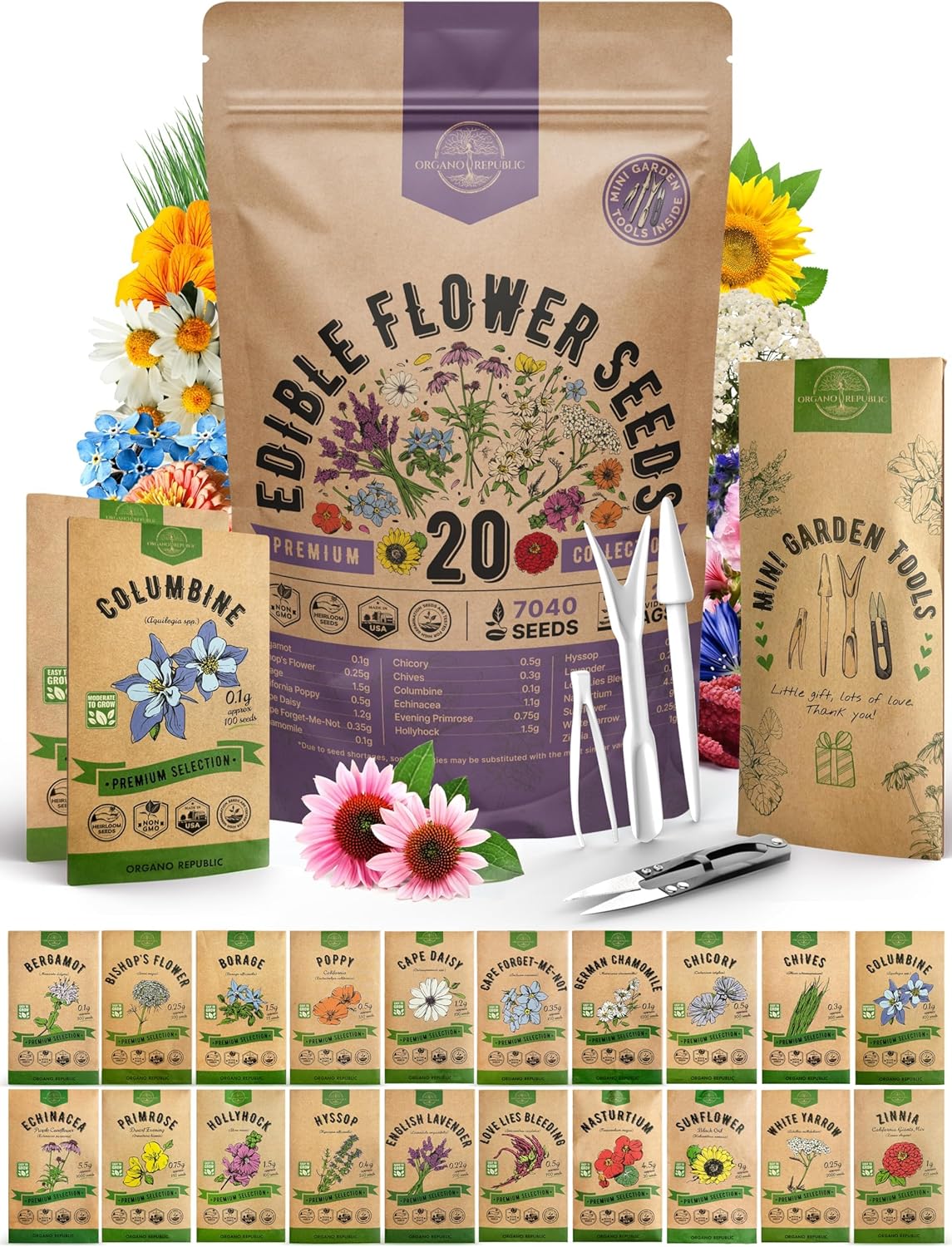 Organo Republic 20 Edible Flower Seeds Variety Pack- Indoor/Outdoor. 7000+ Non-GMO Heirloom: