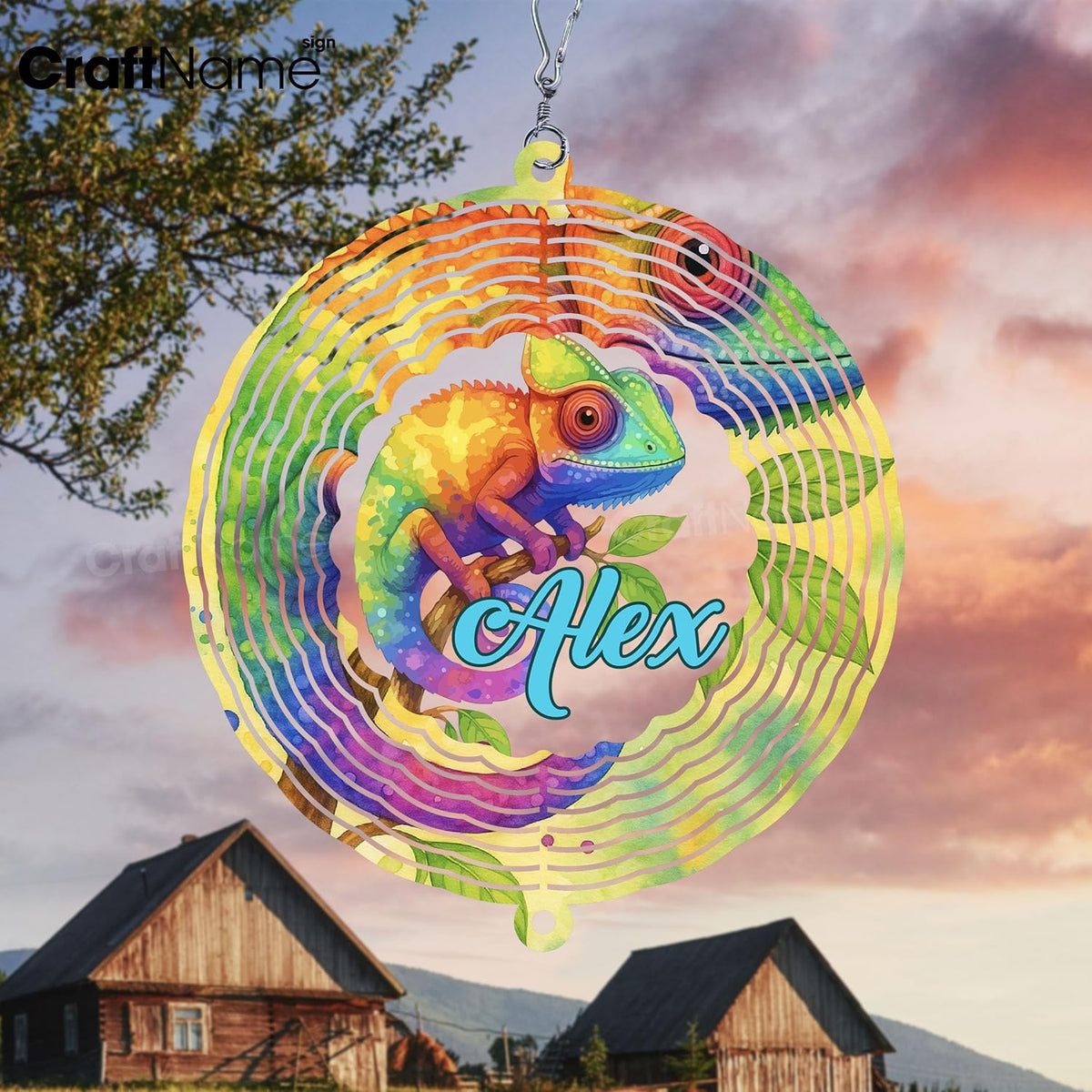 Personalized Chameleon Wind Spinner 3D Stainless Steel, Chameleon Garden Spinner Hanging Outdoor
