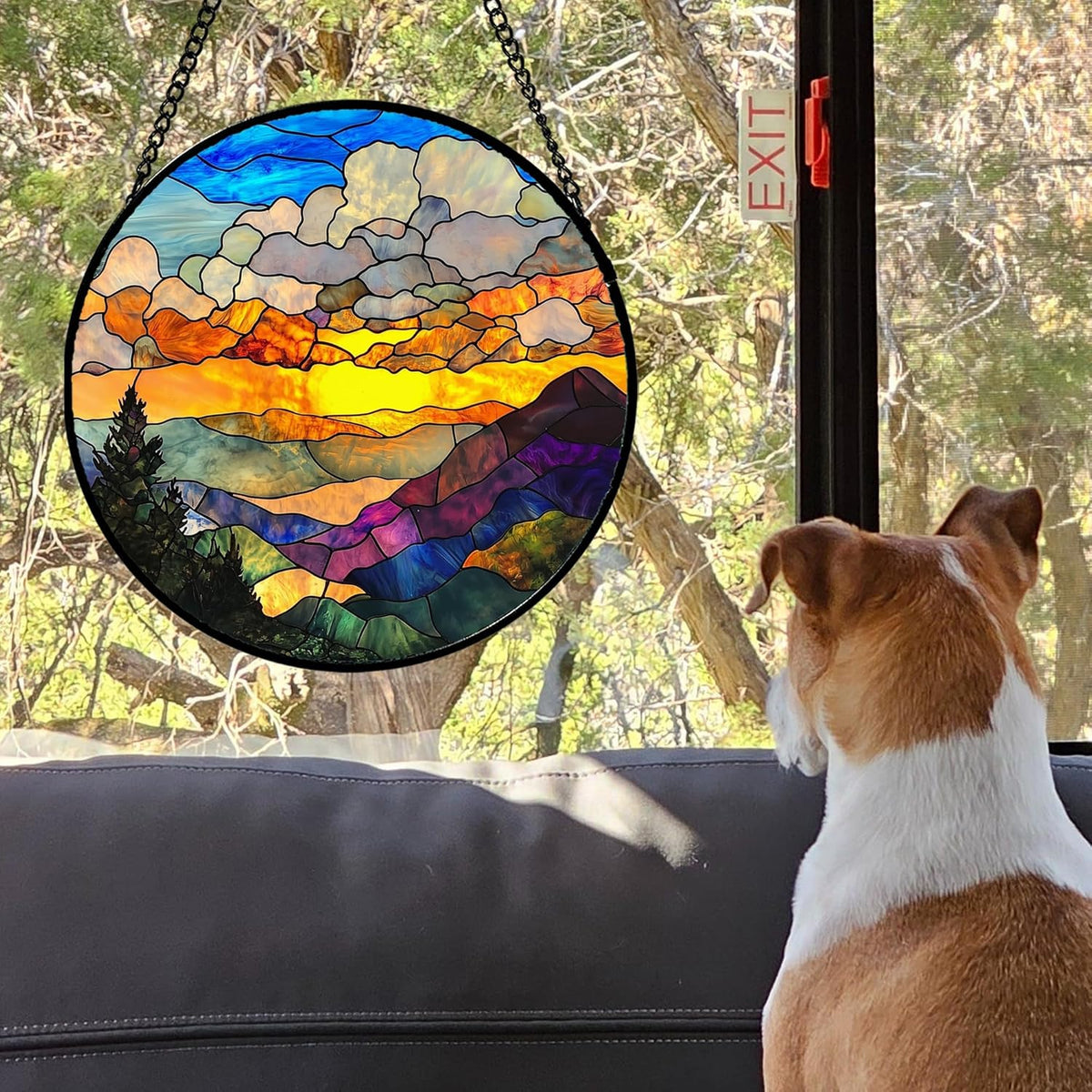 Stained Glass Window Hanging, Abstract Clouds Mountains Landscape Suncatcher for Doors Window Home