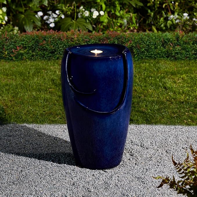 Glitzhome Ceramic Vase Outdoor Water Fountain Tall Patio Garden Water Fountain with LED Light and