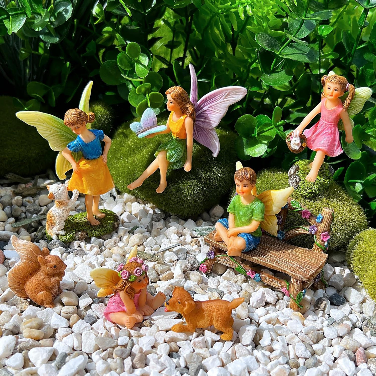 Mood Lab Fairy Garden - Miniature Fairies Figurines with Animals - Statues & Accessories Decor Set