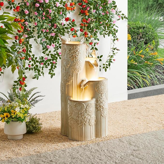 Glitzhome 31.75" H Outdoor Water Fountain with LED Lights and Pump, 4 Tier Dandelion Texture Vase