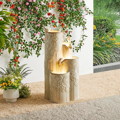 Glitzhome 31.75" H Outdoor Water Fountain with LED Lights and Pump, 4 Tier Dandelion Texture Vase