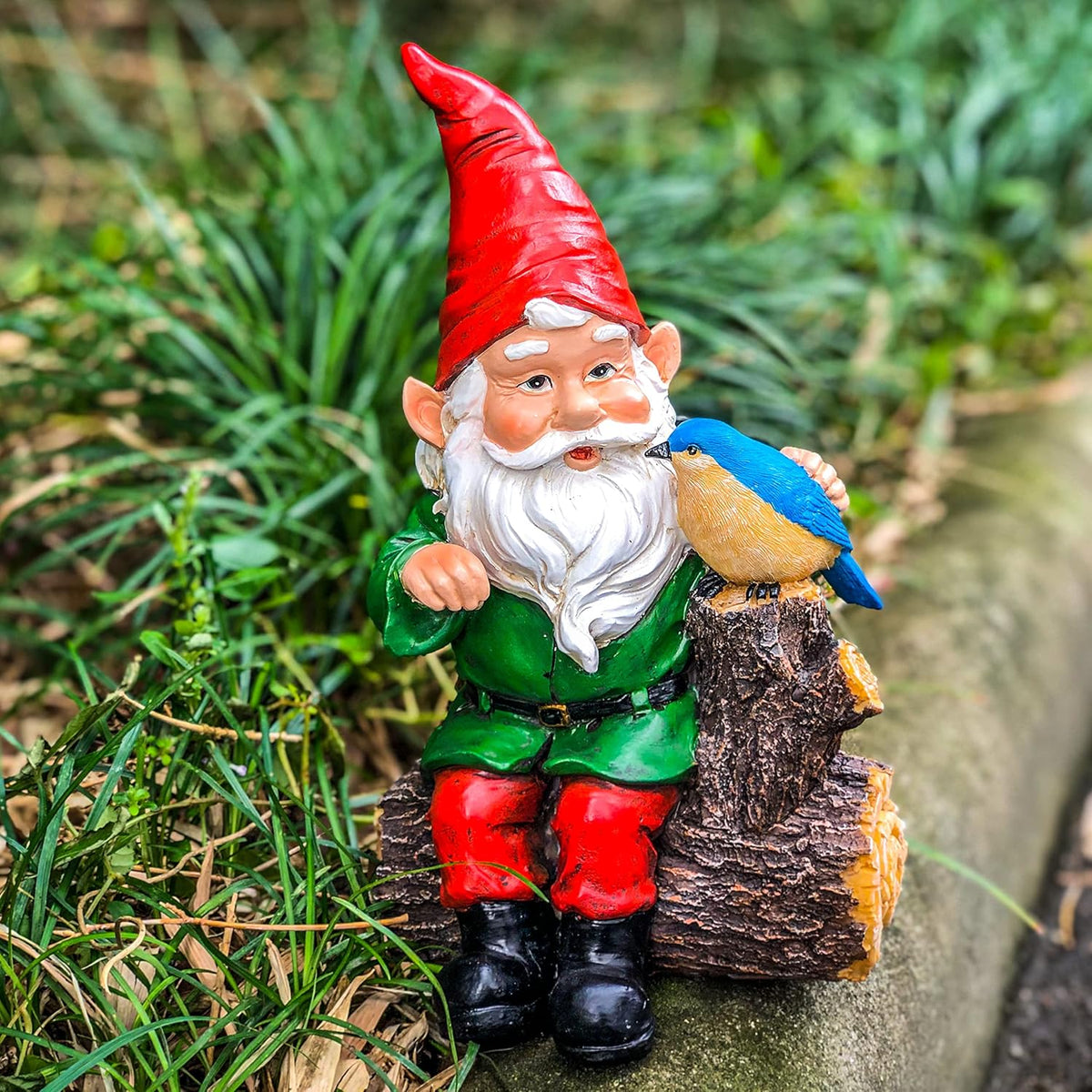 Garden Gnome Statues with Bird Resin Sculpture Gnome Sitting on The Stump Outdoor Statues for