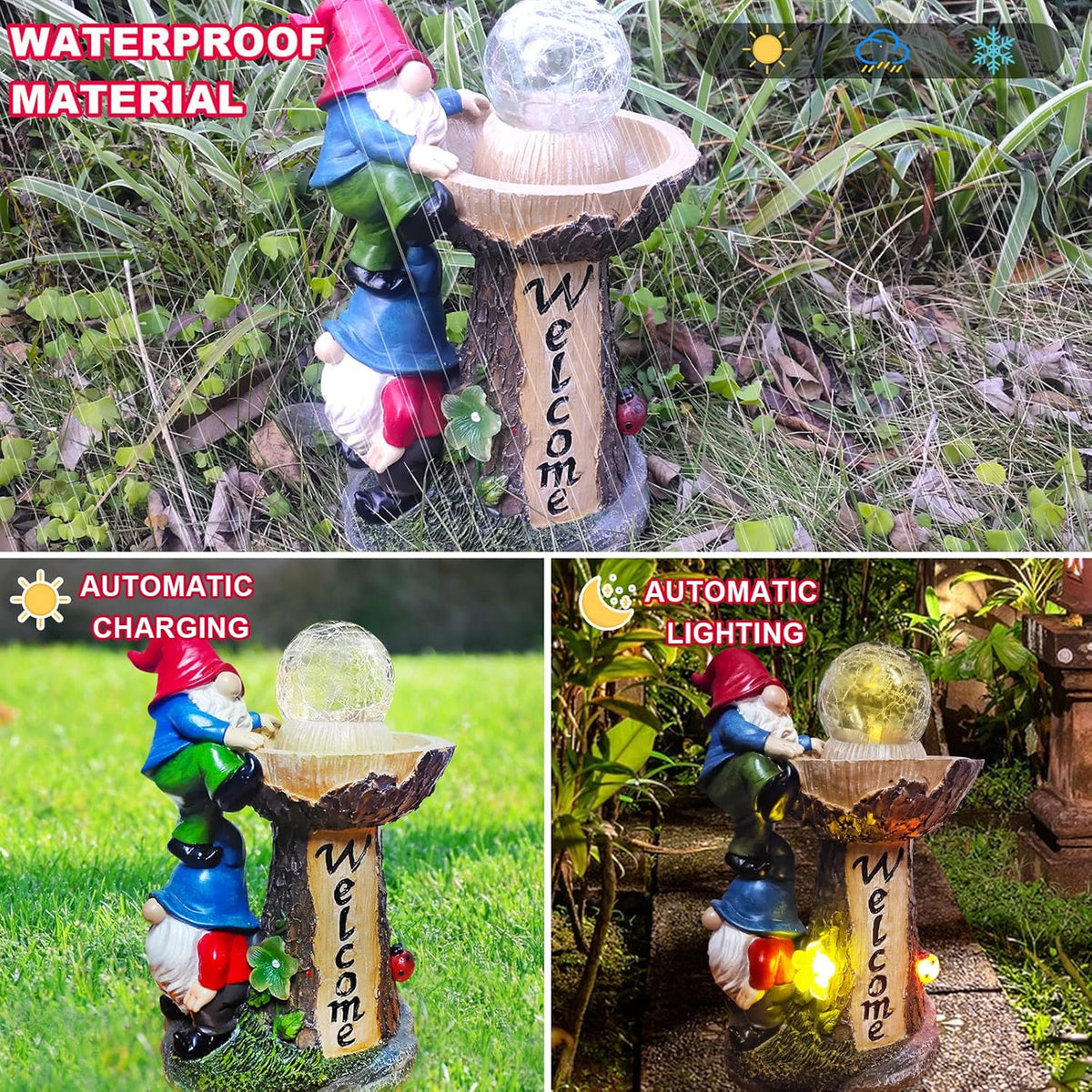 Garden Gnome Statues, Garden Statues for Outside with Solar LED Lights,10.4 in Funny Double Gnomes