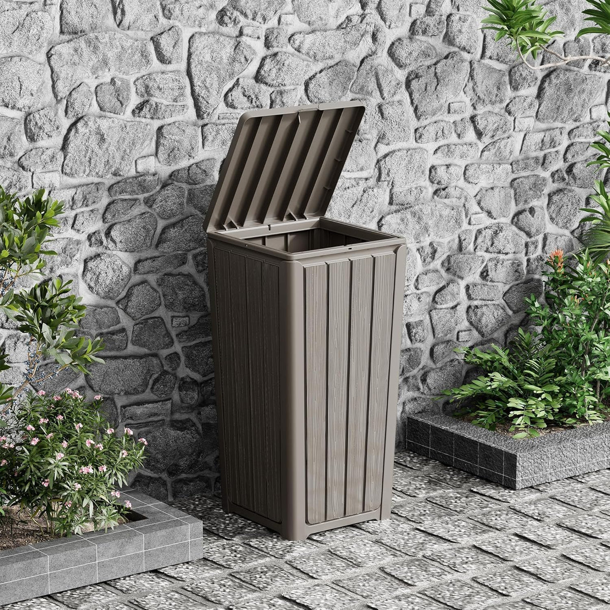Outdoor Trash Can 23 Gallon Garbage Can with Lid Waterproof Resin Garbage Patio Waste Bin for