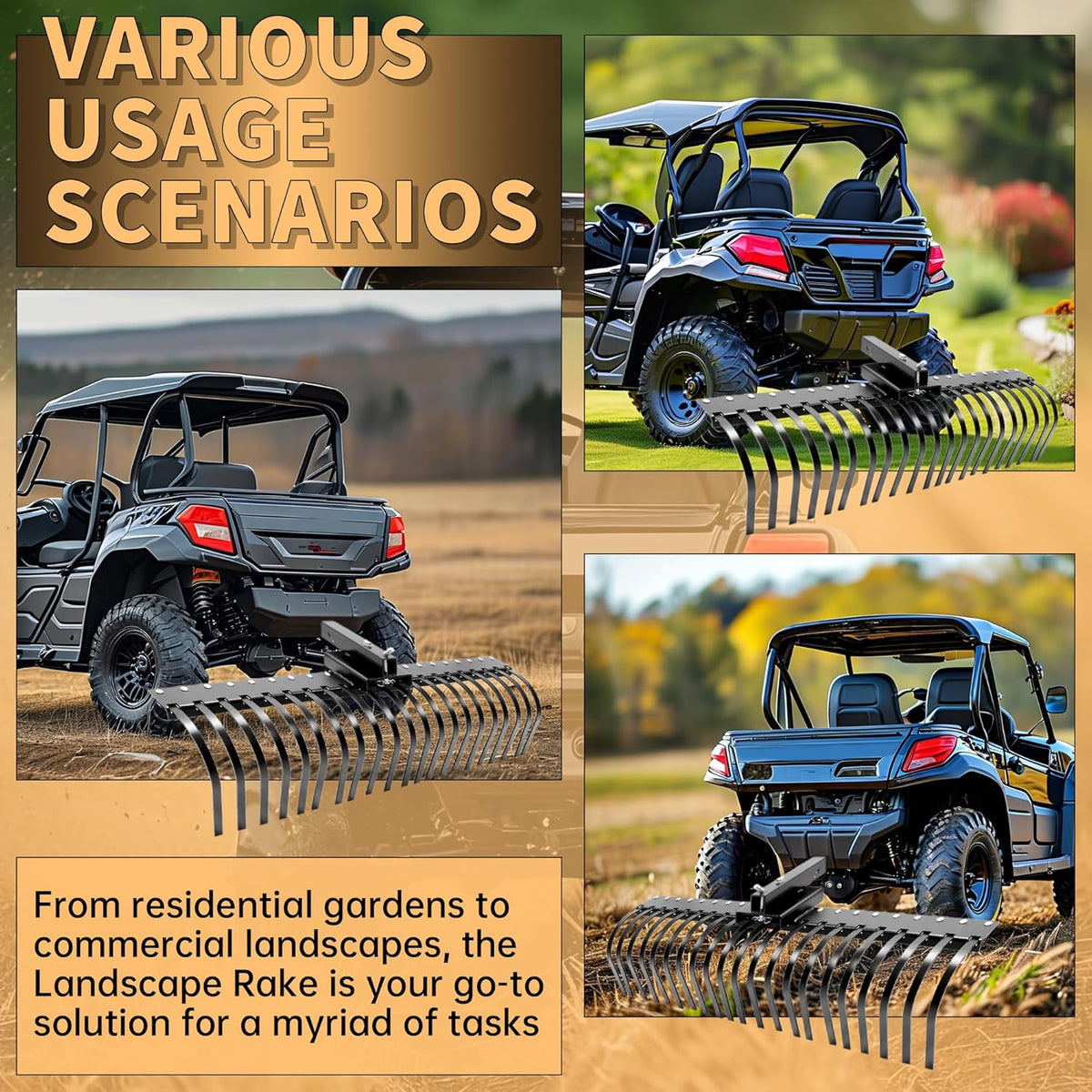 KUAFU 60 Inch Landscape Rake Pine Straw Rake Tractors Rake Fit for 2 Inch Receiver ATV UTV SxS