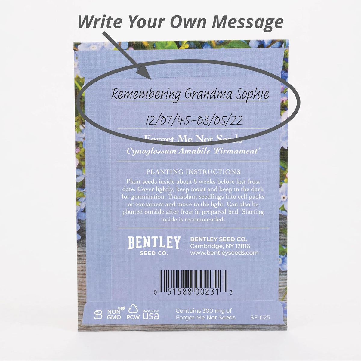 Bentley Seed Co. | Seeds of Remembrance | Pre Filled Non-GMO, Non-Coated Forget Me Not Seeds