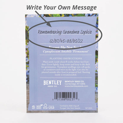 Bentley Seed Co. | Seeds of Remembrance | Pre Filled Non-GMO, Non-Coated Forget Me Not Seeds