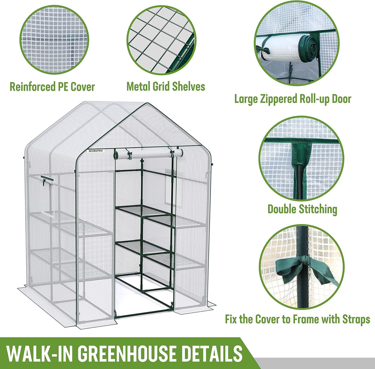 WORKPRO Greenhouse, 56” x 56” x 77” Heavy Duty Walk in Greenhouses for Outdoors with Screen