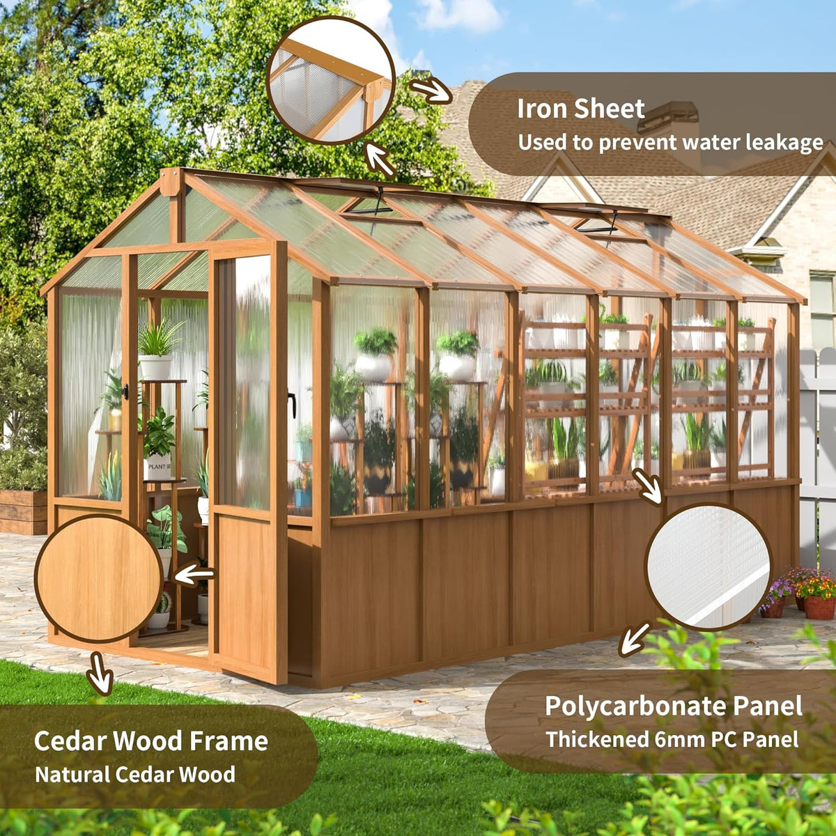 6x12 FT Wooden Greenhouse for Outdoors, Walk-in Greenhouse with 6MM Thick Polycarbonate Panel and