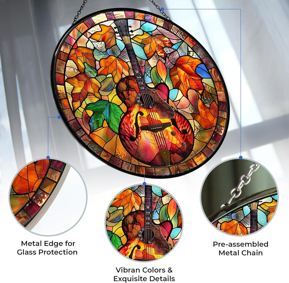Thanksgiving Guitar Stained Glass Window Hanging, Stained Glass Window Decor Suncatcher for Women